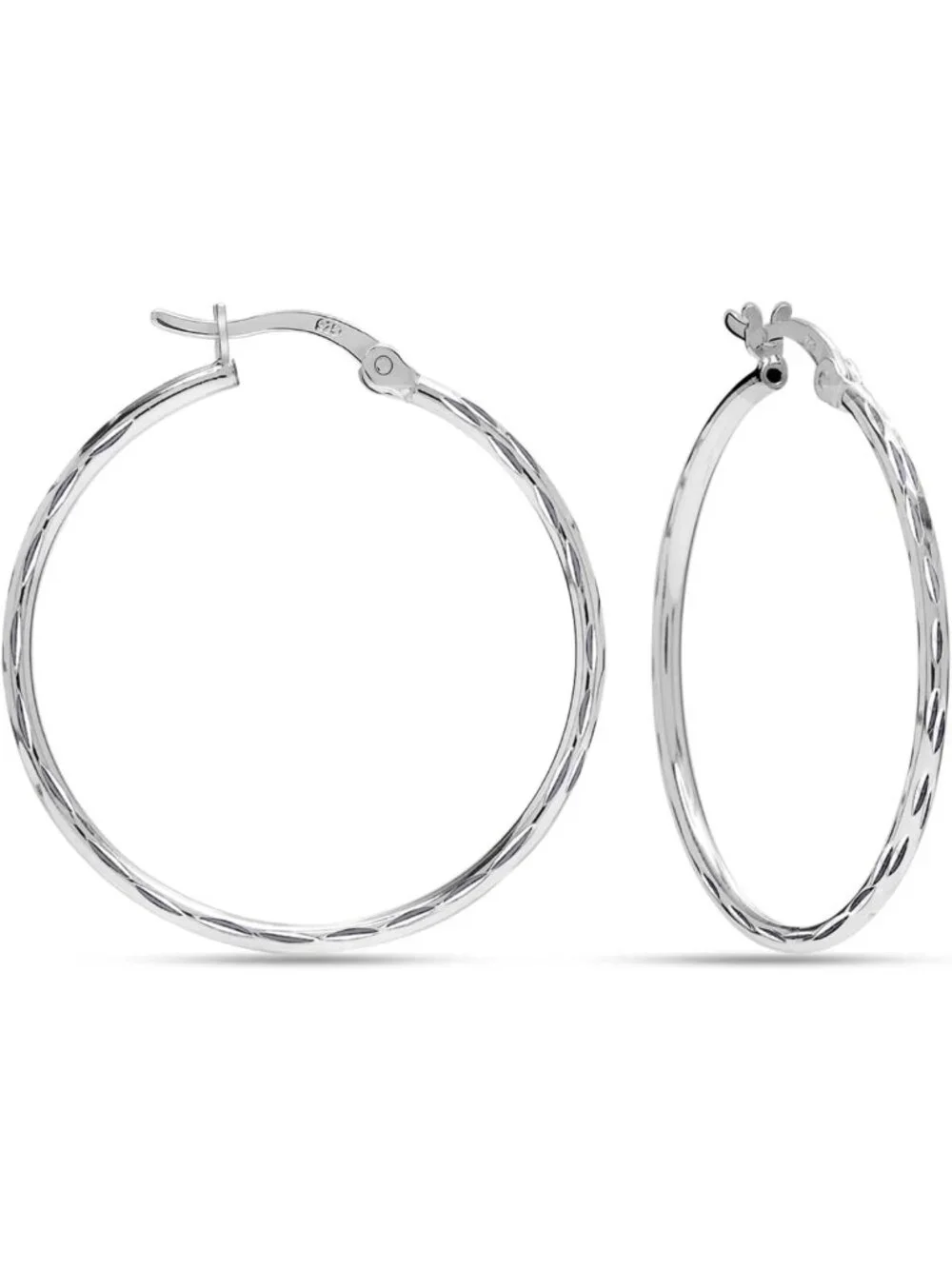 Lightweight 925 Sterling Silver Diamond-Cut Hoop Earrings for Women | Classic